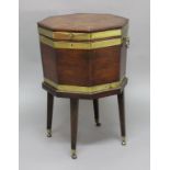 GEORGE III MAHOGANY AND BRASS BOUND WINE COOLER, of octagonal form with original lead-lined