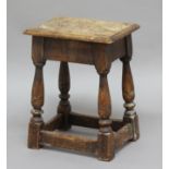 OAK JOINT STOOL, probably 18th century, the rectangular top on baluster turned legs and box