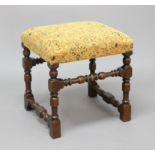 WILLIAM AND MARY STYLE OAK STOOL, the rectangular, upholstered seat on block and turned legs and