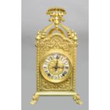 FRENCH BRASS MANTEL CLOCK, the gilt dial with enamelled numerals on a brass, eight day movement half