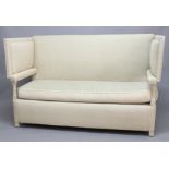 VICTORIAN KNOLE SOFA, with contemporary linen upholstery, the iron catch and ratchet stamped