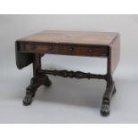 REGENCY ROSEWOOD SOFA TABLE, the drop leaf top with beaded moulding over two frieze drawers and