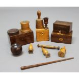 MIXED LOT OF TREEN: to include a 19th century lawn bowl, satinwood tea caddy, other caddies,