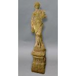 RECONSTITUTED STONE FIGURE OF A CLASSICAL MAIDEN, carrying two pitchers, on a square section plinth,