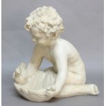 RECONSTITUTED MARBLE FIGURAL BIRD BATH, of a child holding a leaf and bird, height 38cm; together
