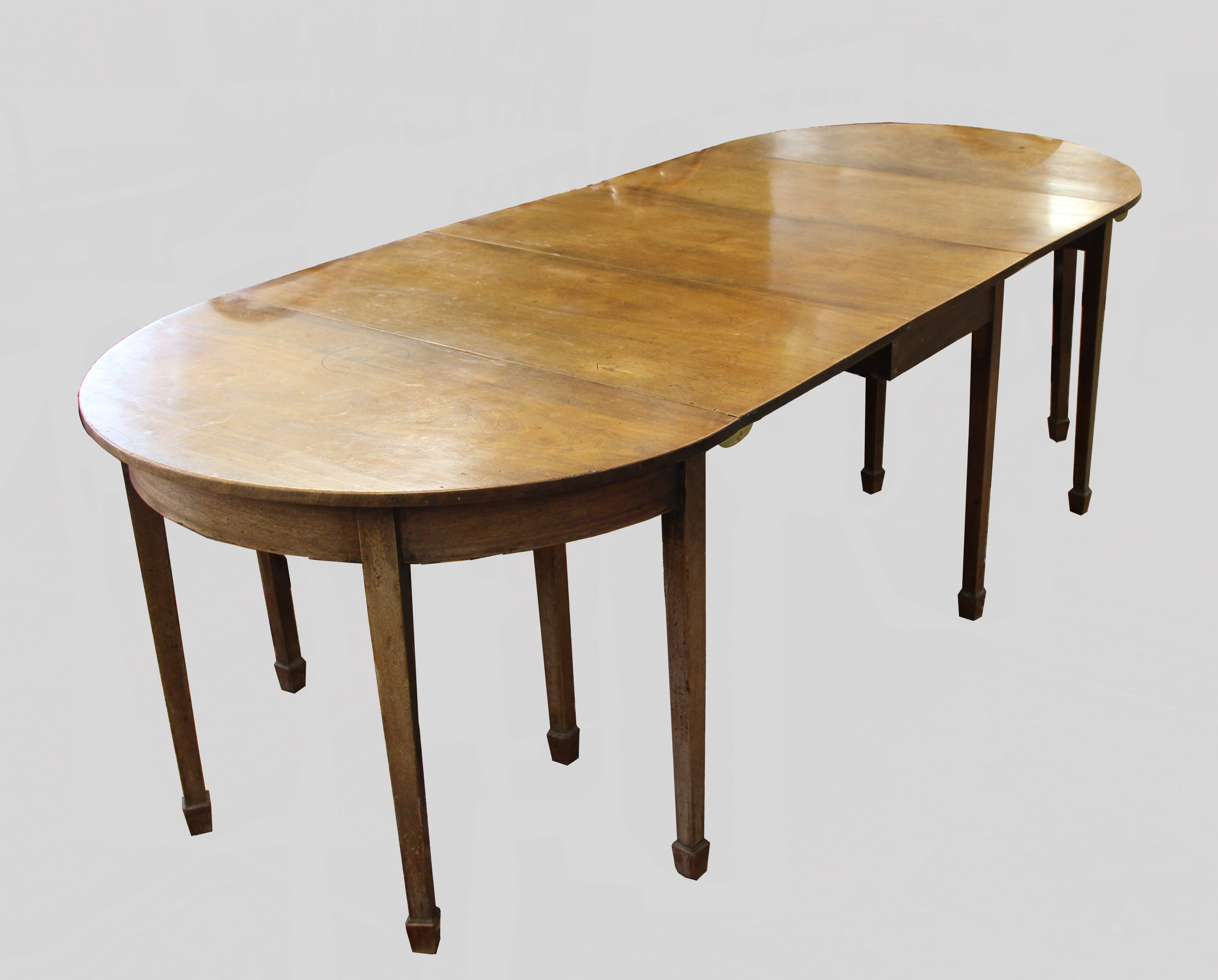 GEORGE III MAHOGANY DINING TABLE, a pair of D ends and a central drop leaf section, height 74cm,