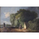 CIRCLE OF JOHN SELL COTMAN (1782-1842) FIGURES BY A COTTAGE ON A RIVERSIDE LANE Bears traces of a