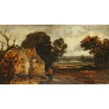 WILLIAM JAMES MULLER (1812-1845) LANDSCAPE WITH COTTAGE Oil on board 13.5 x 23.5cm. ++ Needs a light