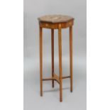 EDWARDIAN PAINTED SATINWOOD PLANT STAND OR SIDE TABLE, of octagonal form, the top painted with a
