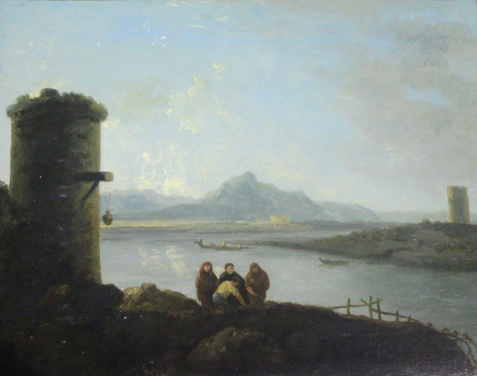 FOLLOWER OF RICHARD WILSON, RA (1713-1782) FIGURES BY A TOWER IN AN ITALIANATE LANDSCAPE Oil on