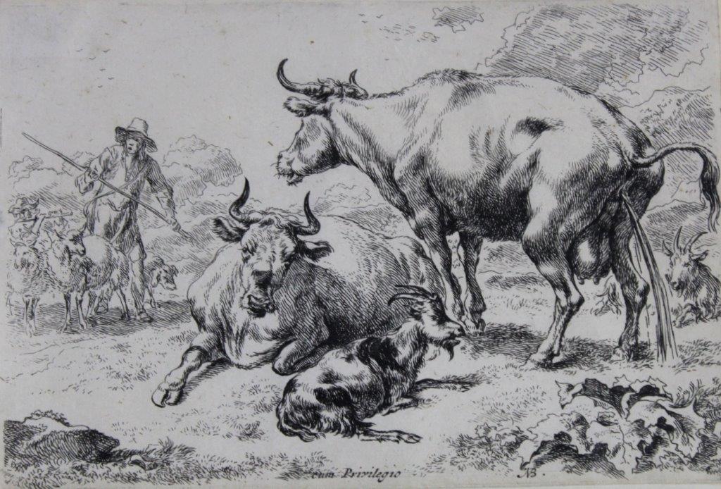 A GROUP OF FOUR PRINTS comprising `A Lying and a Pissing Cow`, etching, originally c.1679-1680, by