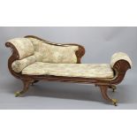 REGENCY MAHOGANY CHAISE LONGUE, with a scrolling back rest, arms and legs, height 90cm, width 178cm,