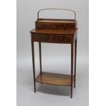 GEORGE III MAHOGANY BOW FRONTED SIDE TABLE, the top section with bent wood handle and two drawers