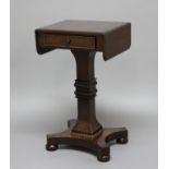 VICTORIAN MAHOGANY WORK TABLE, the drop leaf top above a single drawer on a square section