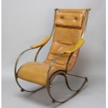 WINFIELD TYPE ROCKING CHAIR the iron frame and slatted wooden seat with tan, buttoned leather,