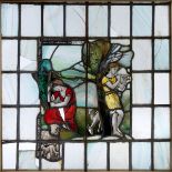 ARTS & CRAFTS STAIN GLASS PANEL a large pictorial stain glass panel of a Shepherdess and a figure