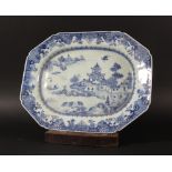 CHINESE BLUE AND WHITE MEAT PLATTER, later 18th century, painted with a pavillion island scene,