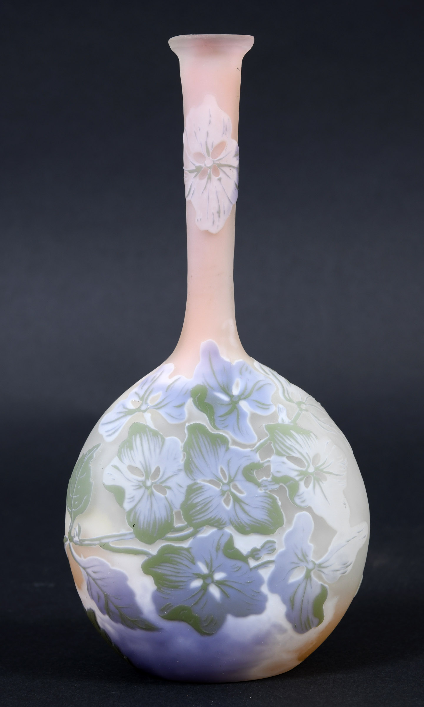 GALLE CAMEO GLASS VASE a small bottled shaped vase with a flattened circular body and slender