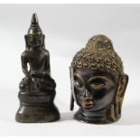 BRONZE BUDDHA HEAD, South East Asian, with top knot and long ear lobes, height 10cm; together with