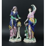 PAIR OF DERBY STYLE FIGURES, 19th century, emblematic of Summer and Winter, on rococo bases, iron