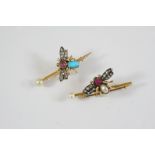 A TURQUOISE, DIAMOND AND RUBY INSECT BROOCH the body formed with an oval turquoise cabochon and a