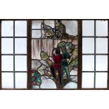 ARTS & CRAFTS STAIN GLASS PANEL a large pictorial stain glass panel, with depictions of two