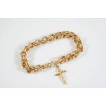 AN 18CT GOLD FANCY LINK BRACELET suspending a gold cruciform charm, 18cm long, 14.7 grams