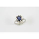 A SAPPHIRE AND DIAMOND CLUSTER RING the oval-shaped sapphire is set within a surround of twelve