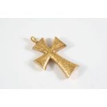 A GOLD CRUCIFORM PENDANT engraved with foliate decoration, engraved P.O.B to A.O.B., 4 x 3cm., 14.