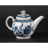 ENGLISH PORCELAIN MINIATURE TEAPOT AND COVER, probably Lowestoft circa 1770, blue painted with a