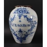 DUTCH DELFT TOBACCO JAR, by van Duyn, late 18th century, of ovoid form, blue painted Strasburg