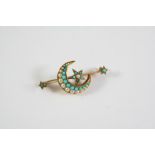 A TURQUOISE AND PEARL CRESCENT AND STAR BROOCH mounted with graduated turquoise cabochons and half