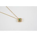 AN EMERALD AND DIAMOND CLUSTER PENDANT the square-shaped emerald is set within a surround of