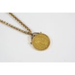 A GERMAN TWENTY MARK COIN 1887, in a 9ct gold pendant mount and on a 9ct gold hammered circular-link