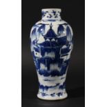 CHINESE BLUE AND WHITE VASE, 19th century, painted with two figures on a bridge between two