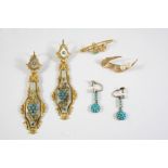 A QUANTITY OF JEWELLERY including a pair of gold, turquoise and mother of pearl drop earrings, 7.5cm