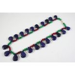 A SAPPHIRE, RUBY AND EMERALD NECKLACE the emerald and ruby bead necklace suspends sapphire pear-