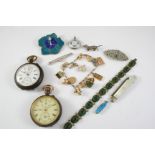 A QUANTITY OF JEWELLERY including two single button chronograph gun metal pocket watches, a charm