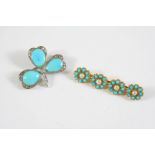 A TURQUOISE AND DIAMOND SHAMROCK BROOCH the three turquoise cabochons are millegrain set with rose-