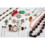 A QUANTITY OF JEWELLERY including a pair of intaglio drop earrings, a graduated coral bead necklace,