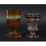 BOHEMIAN GLASS GOBLET, with yellow roundels engraved with named buildings on a mauve and red band