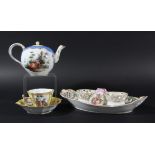 MEISSEN STYLE TEAPOT AND COVER, 19th century, painted with romantic scenes on a blue 'cloud' ground,