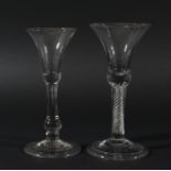 GEORGIAN WINE GLASS, circa 1740, the trumpet bowl above a plain stem with a thin inclusion and basal