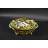 MINTON MAJOLICA - GAME DISH a two handled game pie dish, the cover moulded with dead game and the