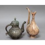 PERSIAN COPPER EWER, Qajar, of flattened baluster form with foliate decoration, height 41cm;