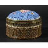 FRENCH PORCELAIN CIRCULAR BOX AND COVER, late 19th century, the cover heavily encrusted with