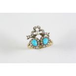 A VICTORIAN TURQUOISE AND DIAMOND DOUBLE HEART RING formed as two hearts, each set with a pear-