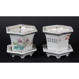PAIR OF CHINESE HEXAGONAL JARDINIERES AND STANDS, 20th century, enamelled with birds in flowers,
