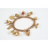 A 9CT GOLD CURB LINK CHARM BRACELET with padlock clasp and suspending assorted gold charms, 26.7