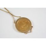 A 1 OZ KRUGERRAND 1975, in a 9ct gold pendant mount and on a 9ct gold chain, total weight 58 grams